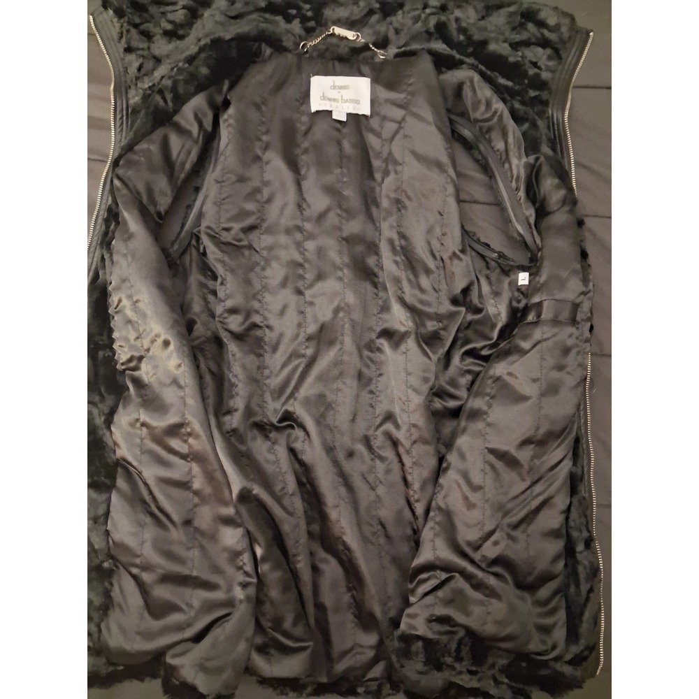 Dennis Basso Faux Fur Jacket Vest Zip-Off Leather Sleeves Black Statement Glam - Picture 14 of 16